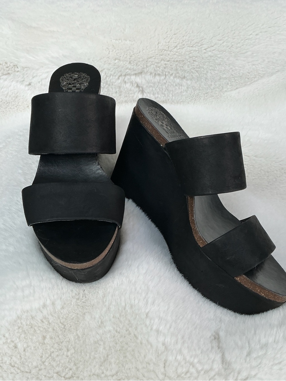Vince Camuto Black Double-Strap Wedge Slide Sandals